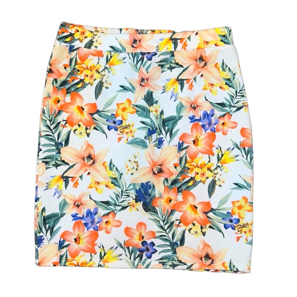 Size small Forever 21 white mini skirt w/ multi colored flowers zipper in back